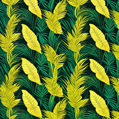 Tropical leaf Wallpaper, Luxury nature leaves pattern design, A vibrant seamless pattern of various tropical leaves.  Rich emerald green background.  Gold-toned leaves, with varying shapes and sizes.