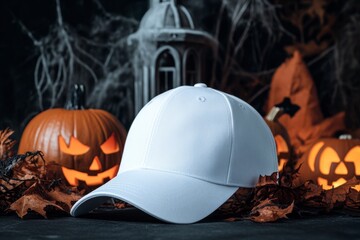 White Baseball Cap Surrounded by Halloween Pumpkins and Decor