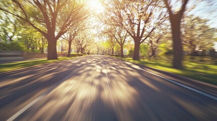 Fototapeta premium Driving through a sunlit tree lined avenue