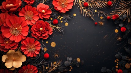 A luxurious Lunar New Year decoration with red and gold fireworks on a black background, minimalist style