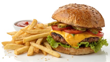 Delicious burgers and french potato fries, cut out.