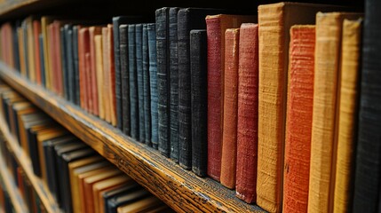 Books on a wooden shelf in library, lined up, used for education or study, background blurred