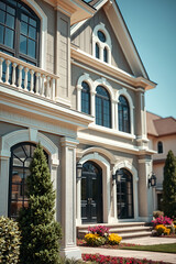 Naklejka premium Luxury Home Exterior: Modern Classic Architecture, Elegant Facade, Landscaped Garden