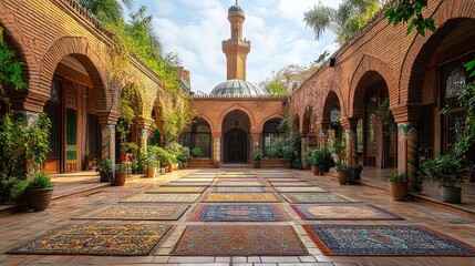Obraz premium Ornate Courtyard Mosque Architecture Featuring Colorful Rugs