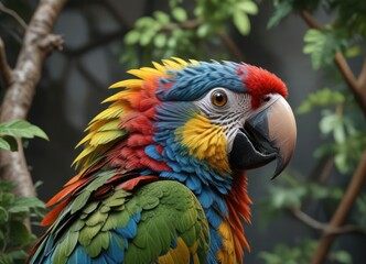 Obraz premium A colorful parrot's head sticking out from behind a thick branch with vines, colorful plumage, wildlife photography