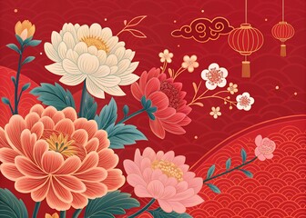 seamless floral pattern Chinese lanterns. Red lanterns hanging on a branch, symbolizing celebration and cultural heritage.