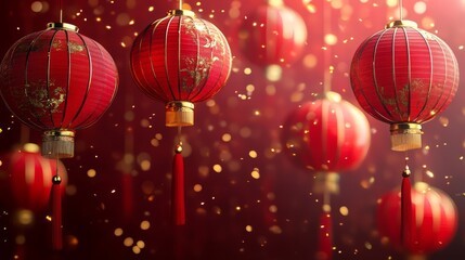 A festive yet minimalist Lunar New Year design with red lanterns and gold decorations floating in the air 
