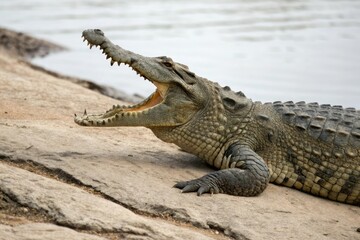 Obraz premium A large crocodile's jaws are stretched wide apart revealing a glimpse of the dark inner workings of its mouth, reptile, crocodile