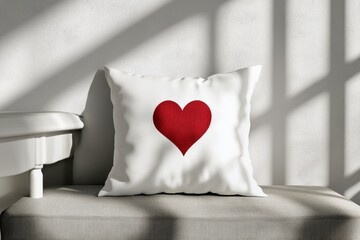 Decorative white pillow with red heart symbol on soft couch