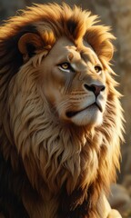 Fototapeta premium A lion's majestic mane cascading down its neck in a golden hue, wild, facial features