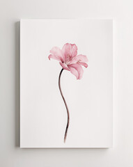 Traditional Vintage Watercolor Art of Pink Flower with Green Stem on White Canvas Featuring Subtle Beauty and Timeless Appeal