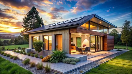 Obraz premium Sustainable Small House: Panoramic View of Eco-Friendly Passive Solar Home with Rainwater Collection
