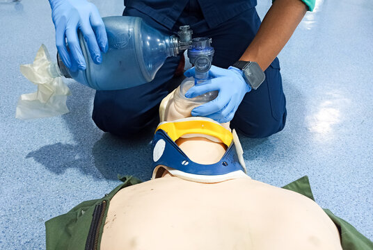 Paramedic or medical demonstration Bag-valve-mask (BVM) ventilation, for rescue ventilation to patient with apnea or severe ventilation failure.