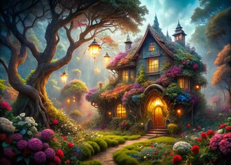 Obraz premium Surreal Old House in Lush Garden: Dreamlike Fantasy Landscape Photography