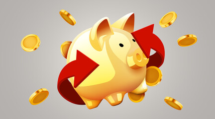 Piggy bank with Golden coins and arrows. Cashback or profit concept.