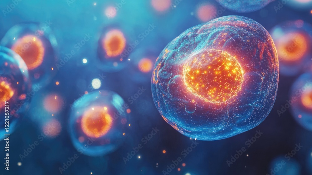 Poster 3d rendered human cells floating in space with glowing orange nuclei, illustrating biological proces