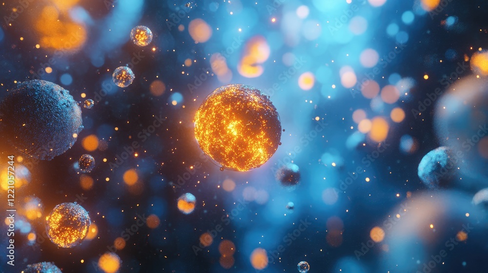 Poster 3d rendered human cells floating in space with glowing orange nuclei, illustrating biological proces