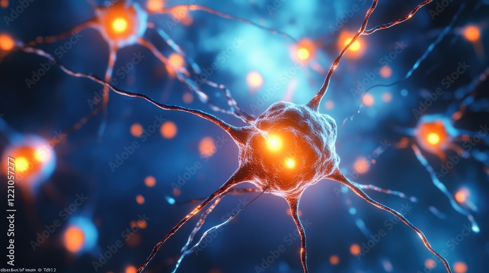 Poster 3D render of human cells with glowing orange nuclei, highlighting the cellular structure in a stunning blue backdrop.