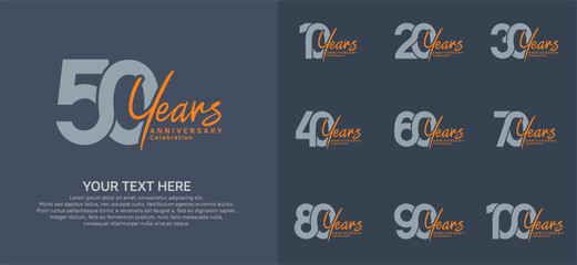 Anniversary logo set vector design, gray and orange color for celebration event