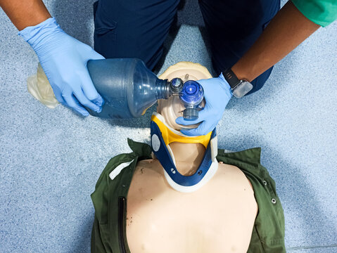 Paramedic or medical demonstration Bag-valve-mask (BVM) ventilation, for rescue ventilation to patient with apnea or severe ventilation failure.
