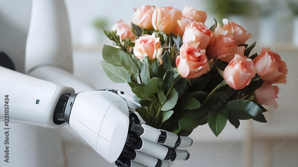 Poster polyfunctional robot handling delicate domestic tasks like gift wrapping and flower arranging at