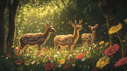 Fototapeta premium Three Spotted Deer in a Sunny Forest Meadow