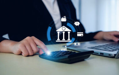 Businessman showing online banking and network connection icons. Online payment, shopping, business...