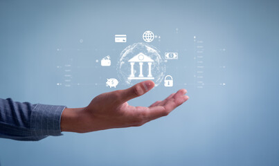 Businessman showing online banking and network connection icons. Online payment, shopping, business technology and finance concept.