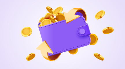 Fototapeta premium Realistic wallet with flying coins and arrows.