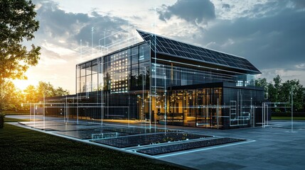 Obraz premium A modern intelligent building with glass walls, showcasing advanced smart technology and solar panels