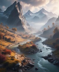 Obraz premium A majestic mountain range shrouded in misty veil with a meandering river at its foot , mountains, majestic, river