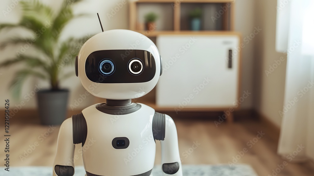 Poster ai-powered robot assisting with video calls in home office setup