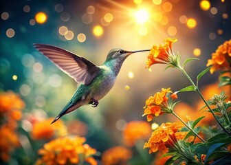 Surreal Vibrant Hummingbird Hovering Near Orange Flowers in Lush Garden
