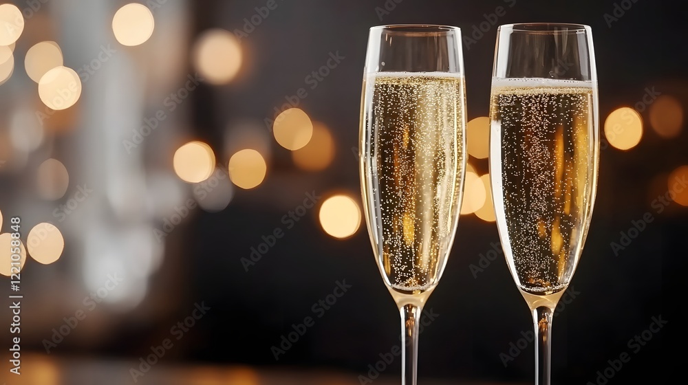 Poster champagne glasses clinking with sparkling bokeh background for and toasts