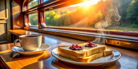 Thai Railway Dining Car: Breakfast Toast & Hot Drink with Bokeh