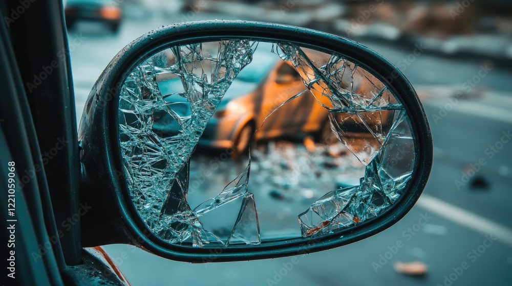 Poster a broken side mirror with street reflection, surrounded by debris and shattered glass, depicting the