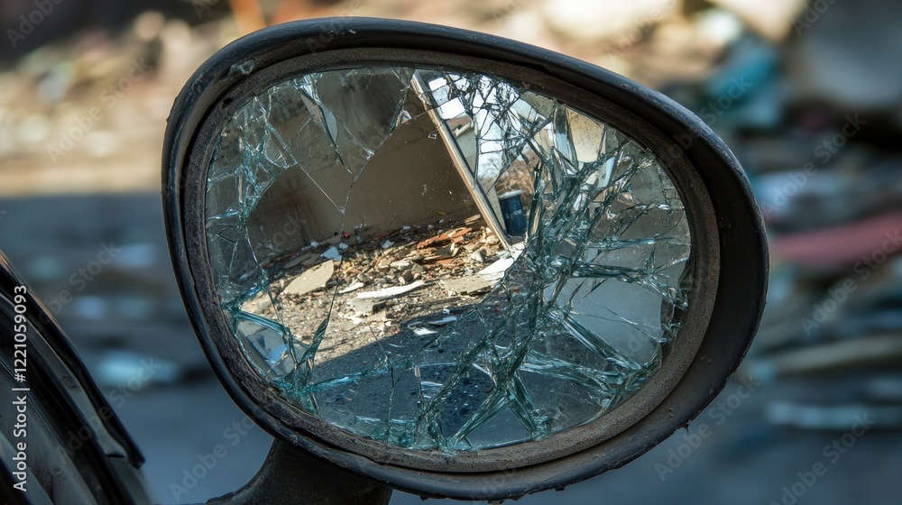 Poster a broken side mirror with street reflection, surrounded by debris and shattered glass, depicting the
