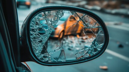 A broken side mirror with street reflection, surrounded by debris and shattered glass, depicting the aftermath of a car collision.