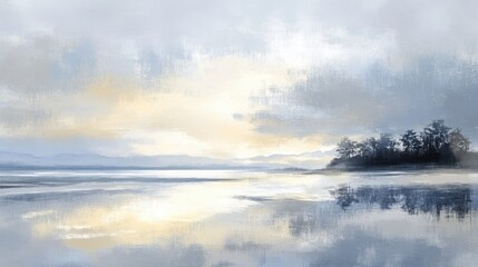 Obraz premium Serene Lakeside Landscape Under a Soft Sky