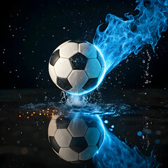 Fototapeta premium soccer ball on blue fire rotating with reflection