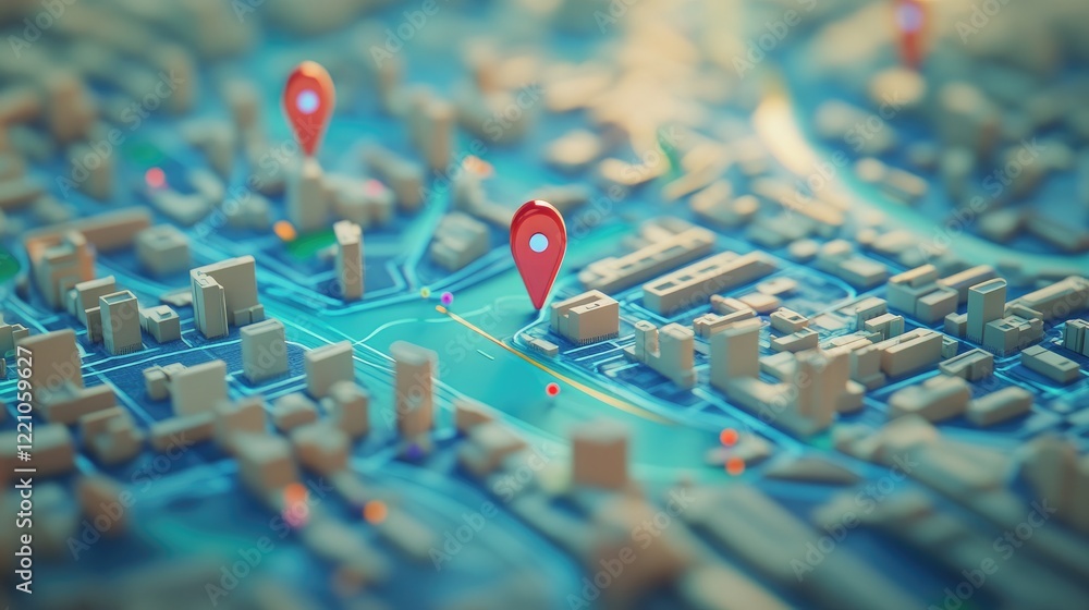 Poster A city map displaying location pins and geospatial data, representing advanced logistics and tracking systems used in modern urban planning.