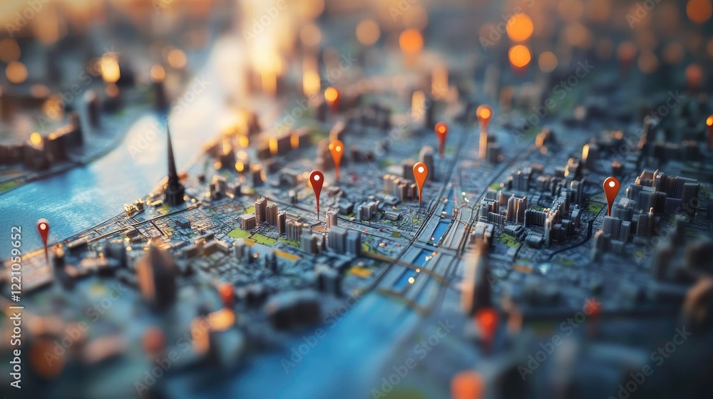 Poster A city map displaying location pins and geospatial data, representing advanced logistics and tracking systems used in modern urban planning.