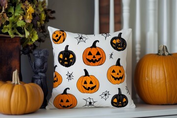 Halloween Cushion with Pumpkins and Spider Web Patterns