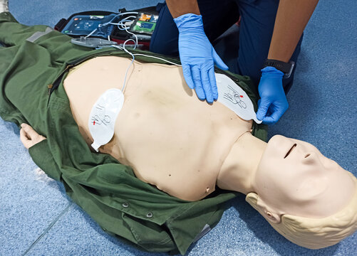 cardiac resuscitation techniques, partial view of professional paramedic applying defibrillator pads on CPR manikin, high angle view, health care and life-saving techniques concept