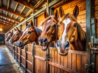 Fototapeta premium Three Smiling Horse Heads in Stable - Equestrian Fun Stock Photo