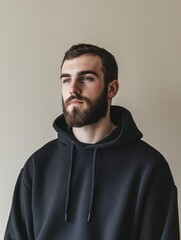 Fototapeta premium A man with a beard, wearing a plain black hoodie with a relaxed expression, posed naturally in a studio setup with soft white lighting.