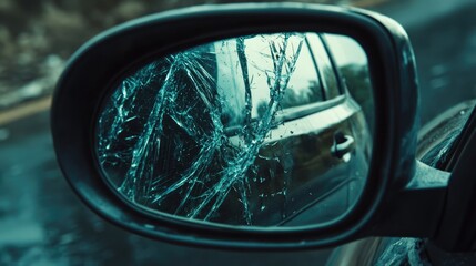 A close-up of a cracked car side mirror, reflecting the road, with pieces of shattered glass, symbolizing the aftermath of a collision.