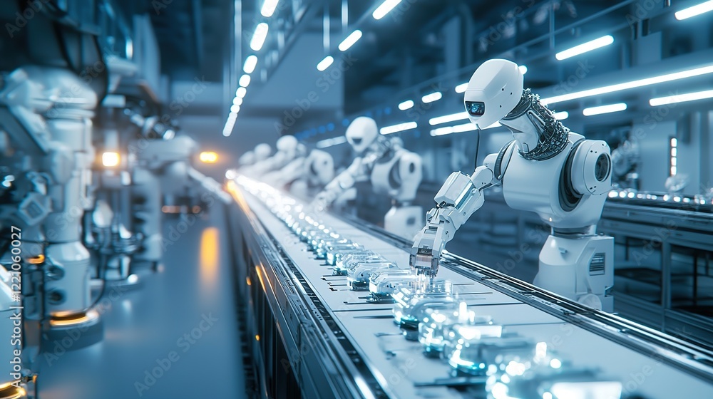 Poster automated robotic arms assembling products in a fully automated factory.