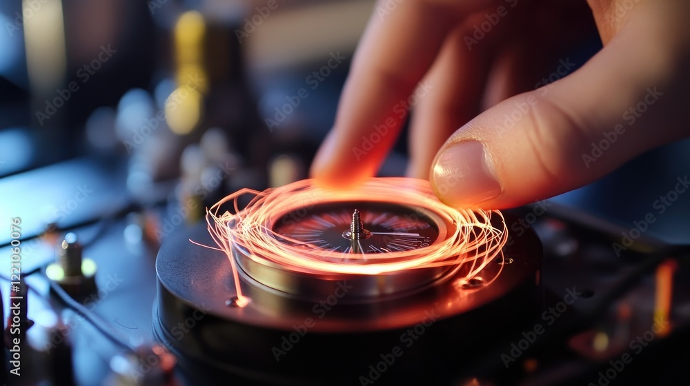 Aufkleber A close-up of a hand positioning a compass near a coil with visible current, showcasing a hands-on experiment with magnetic fields.