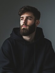 Fototapeta premium A man with a beard, wearing a plain black hoodie with a relaxed expression, posed naturally in a studio setup with soft white lighting.